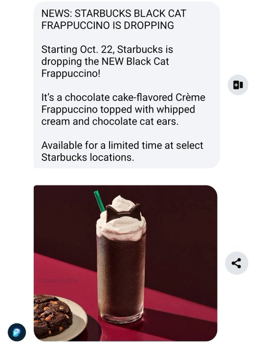 A news announcement states 'STARBUCKS BLACK CAT FRAPPUCCINO IS DROPPING' starting Oct. 22, describing it as a chocolate cake-flavored Crème Frappuccino topped with whipped cream and chocolate cat ears, accompanied by an image of the dark drink with a green straw.