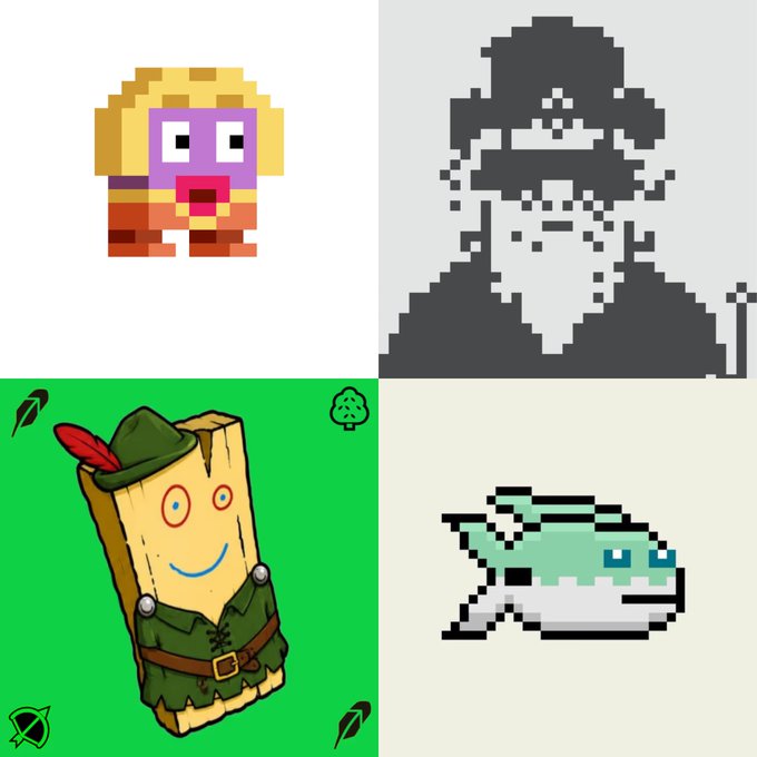 A 2x2 grid of pixel art images featuring a purple character with blonde hair, a gray figure in a hat, a smiling wooden character in green clothing with a feathered hat, and a green fish-like creature.