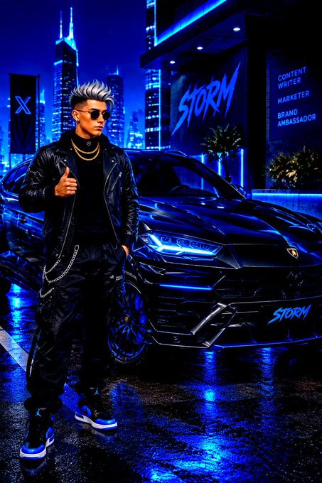 A stylized digital illustration of a man with spiky hair and sunglasses giving a thumbs-up next to a black Lamborghini in a neon-blue urban setting, with signs reading 'STORM', 'X', and 'CONTENT WRITER MARKETER BRAND AMBASSADOR'.