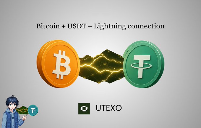 The image illustrates the "Bitcoin + USDT + Lightning connection" concept promoted by UTEXO, showing a Bitcoin coin linked to a Tether (USDT) coin via a glowing lightning bolt — visually representing UTEXO's approach of enabling native USDT on Bitcoin through Lightning Network settlement without bridges or wrapped tokens, aligning with the post's message about RGB assets and fast, trust-minimized transfers.