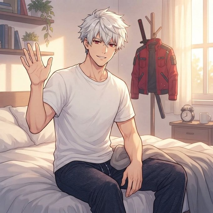 An anime-style illustration of a white-haired, red-eyed man in a white t-shirt sitting on a bed, with a red jacket and katana hanging on a rack in the background.