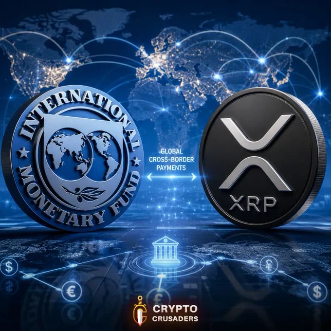 Crypto-themed illustration depicting 'Global Cross-Border Payments' between the IMF (International Monetary Fund) seal and an XRP coin, branded 'Crypto Crusaders.'