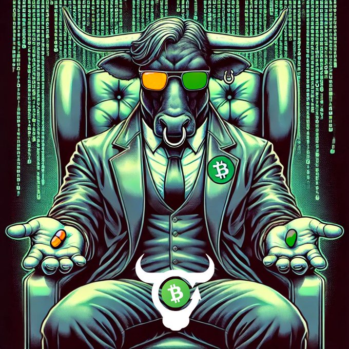 The image features a cartoon bull dressed in a suit and tie sitting on a chair with his hands outstretched as if he's offering something or making a gesture of peace. The background consists of a black and green color scheme, which complements the bull's attire. In the corner of the image, there is a post that reads "Ever since crypto stopped being money, it is." This statement seems to be related to the overall theme of the illustration, as the bull appears to symbolize the transition from traditional currency to digital assets or cryptocurrencies.