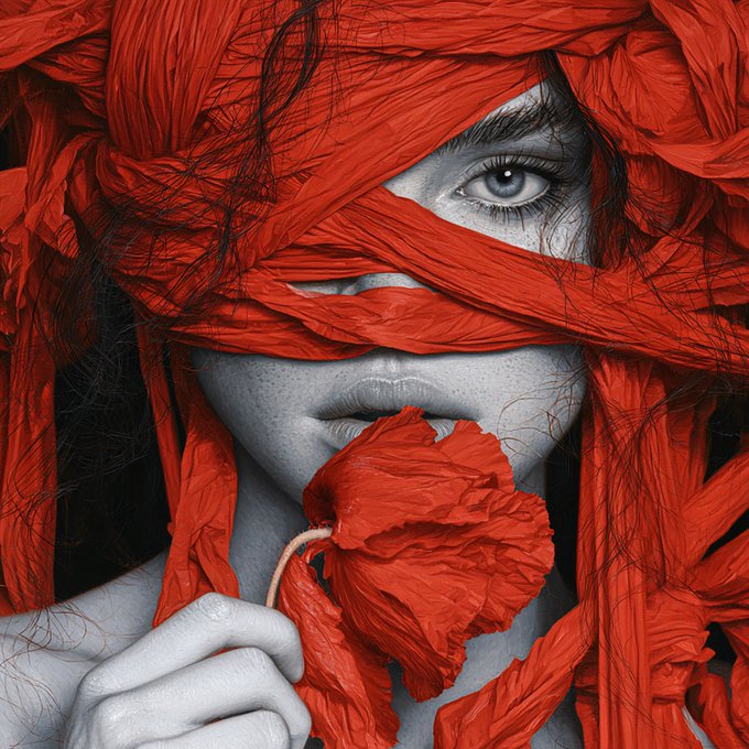 A striking artistic portrait of a woman with one visible blue eye, her face partially wrapped in vibrant red fabric that obscures her eyes and head, while she holds a red flower near her lips.