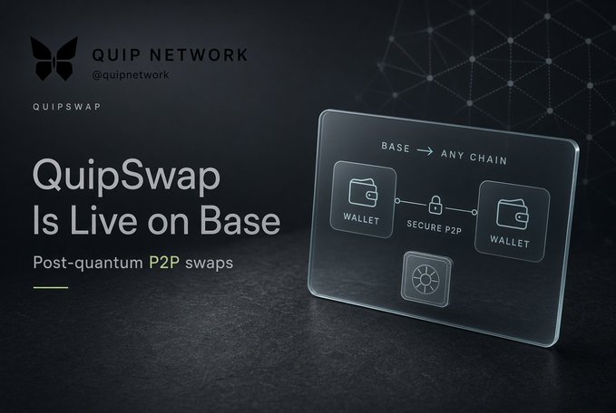 A promotional graphic for 'QUIP NETWORK' announcing that 'QuipSwap Is Live on Base,' featuring a diagram of 'Post-quantum P2P swaps' between wallets.
