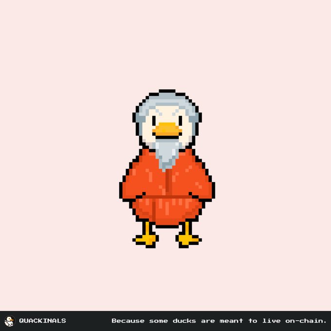 A pixel art illustration shows a white duck wearing a red robe on a light pink background, with a footer reading 'QUACKINALS' and 'Because some ducks are meant to live on-chain.'