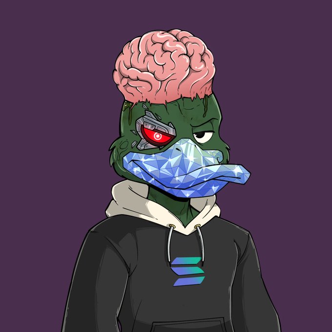 A cartoon illustration of an anthropomorphic duck character with an exposed brain, a green head with a robotic red eye, a crystalline blue beak, and wearing a black hoodie with a Solana logo.