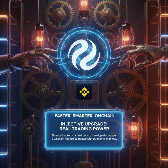 A promotional image for Injective with the text 'FASTER. SMARTER. ONCHAIN.' and 'INJECTIVE UPGRADE: REAL TRADING POWER' set against a steampunk background with gears and robotic hands.