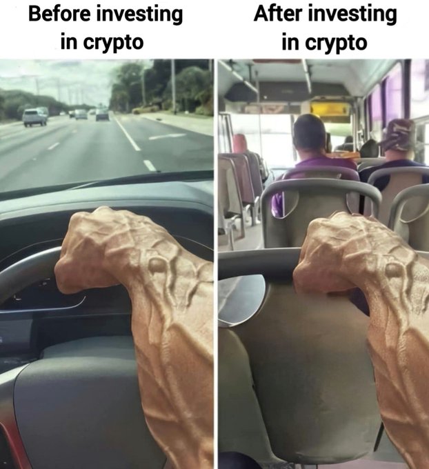 In the image, there are two photographs taken from inside a moving bus with passengers sitting around them. One of the pictures shows an elbow resting on the steering wheel of the vehicle while driving down the road. The other photograph displays the driver's hand on a handlebar inside the bus. The caption below the images reads: "The reality of being a crypto trader."