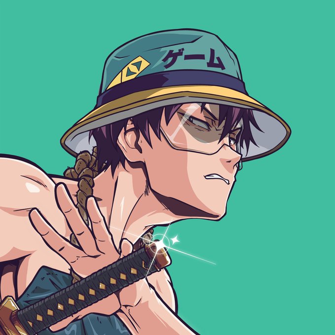 The anime-style illustration depicts a shirtless, muscular character with dark hair, glasses, and a braid, wearing a green bucket hat with the Japanese text "ゲーム" (meaning "Game") and a Triforce symbol, gripping a sword hilt against a teal background. The image ties to the "Arc season" post by channeling a determined, locked-in warrior vibe ready to tackle the day's grind.