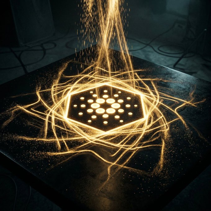 Artistic digital image showing a glowing hexagonal object resembling a Cardano (ADA) logo being struck by golden light streams on a dark surface.