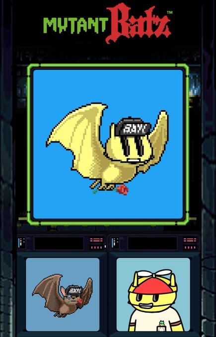 A pixel-art game screen titled 'MUTANT RAIDZ' showing a winged creature with 'RAYC' on its helmet, along with smaller character panels of a bat and a yellow mascot at the bottom.