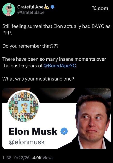 A tweet from @Gratefulape asking about BAYC moments over the past 5 years, featuring an image of Elon Musk's Twitter profile with a Bored Ape Yacht Club NFT as his profile picture.