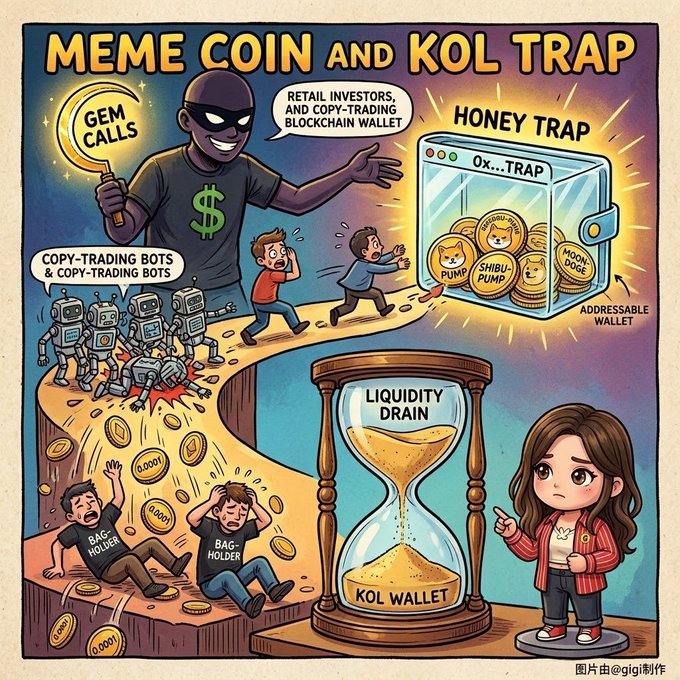 A cartoon illustration titled 'MEME COIN AND KOL TRAP' depicting masked scammers, 'bag holders' falling into a 'LIQUIDITY DRAIN' hourglass, copy-trading bots, and a 'HONEY TRAP' wallet containing meme coins like 'SHIBU PUMP' and 'DOGE'.