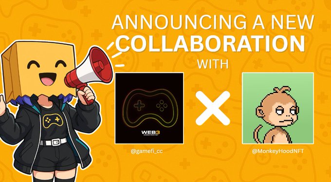 A promotional graphic on an orange background with faint gamepad patterns, announcing 'A NEW COLLABORATION WITH' between a gamepad-headed character holding a megaphone and a pixel-art monkey labeled '@MonkeyHoodNFT', with a 'WEB3' logo in the center marked '@gamefi_cc'.