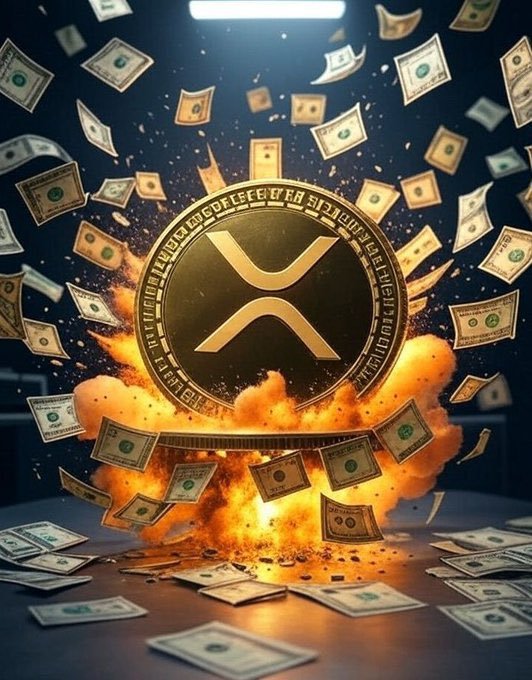 A dramatic digital artwork featuring a golden XRP (X) cryptocurrency coin emerging from an orange explosion, surrounded by scattered US dollar bills flying through the air against a dark background.