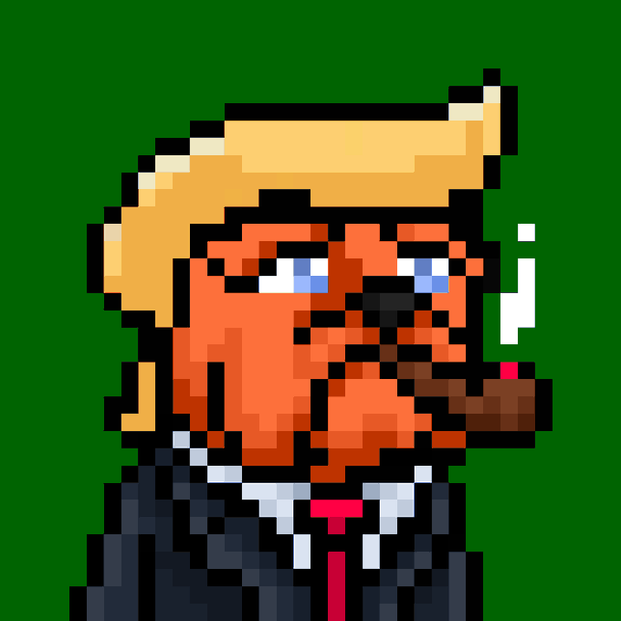 A pixel art illustration depicts a stylized character with blonde hair, blue eyes, and a cigar against a green background.