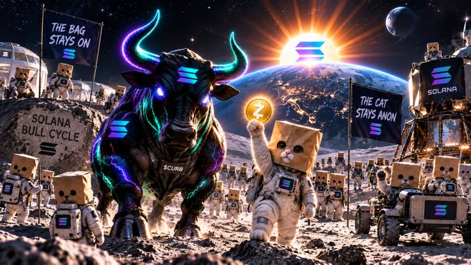 A dramatic space scene shows a neon-lit cosmic bull labeled "$CURB" with glowing horns, glowing eyes, and the text "SOLANA BULL CYCLE" and "THE BAG STAYS ON" on banners, facing off against an astronaut holding a glowing "$ZCAT" coin while surrounded by small box-headed figures, with "THE CAT STAYS ANON" banner and Solana logos reinforcing the bullish $SOL, $CURB, and $ZCAT narrative.