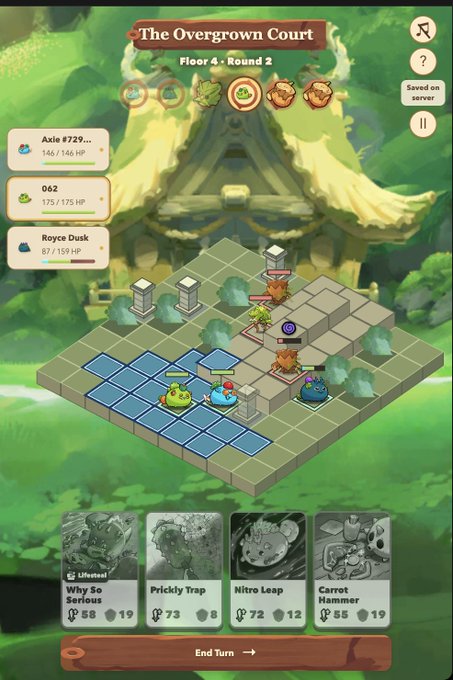 A screenshot of a mobile tactical RPG titled 'The Overgrown Court' on Floor 4 - Round 2, featuring characters like 'Axie #729...', '062', and 'Royce Dusk', with action cards like 'Why So Serious', 'Prickly Trap', 'Nitro Leap', and 'Carrot Hammer' at the bottom.