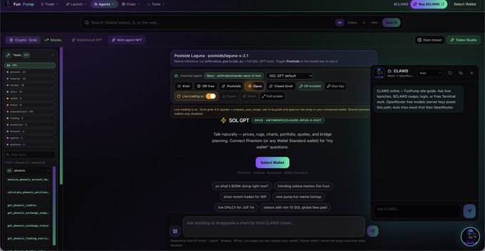 A screenshot of the OpenFun web interface showing a chat session with CLAWD AI, where the user is testing connectivity by querying 'is what's SONA doing right now?' and 'trending solana memes this hour' on the SOL GPT agent.
