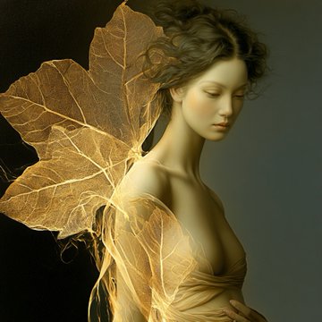 A digital painting of a woman with closed eyes wearing delicate golden leaf-like wings, evoking a fairy aesthetic.