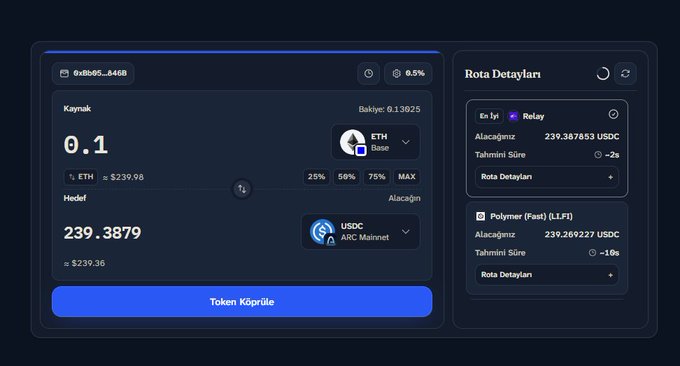 A crypto swap interface in Turkish showing a conversion from 0.1 ETH on Base to 239.3879 USDC on ARC Mainnet, with a blue "Token Köprüsü" (Token Bridge) button and a side panel labeled "Rota Detayları" (Route Details).