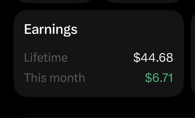 A dark earnings dashboard widget displaying 'Lifetime: $44.68' and 'This month: $6.71' in green text.