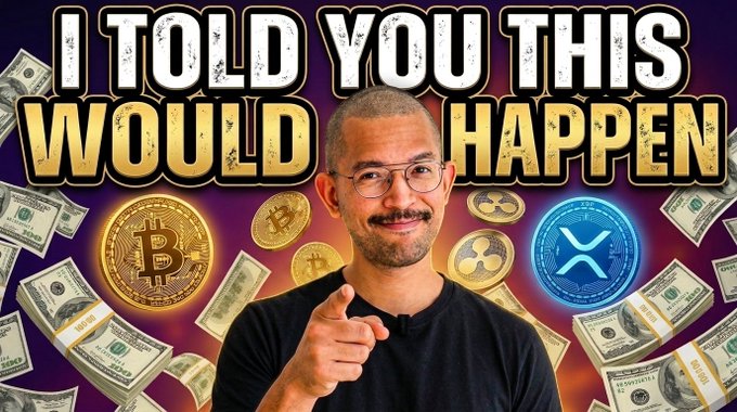 A man in glasses points at the camera beneath bold text reading "I TOLD YOU THIS WOULD HAPPEN," surrounded by floating Bitcoin, XRP, and cash imagery—a thumbnail teasing a Ripple XRP investment video promising new millionaires.