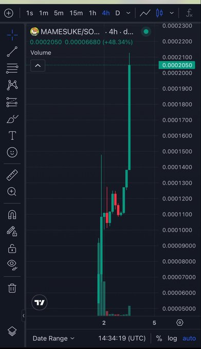 A trading chart for the MAMESUKE/SO token on a Solana DEX, showing a price of 0.0002050 with a +48.34% gain over 4 hours, featuring mostly green bullish price action on a 4-hour timeframe.