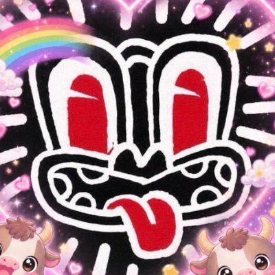 A vibrant, colorful drawing featuring a stylized face with a large red tongue sticking out, surrounded by a rainbow, stars, and small cartoon animal characters.