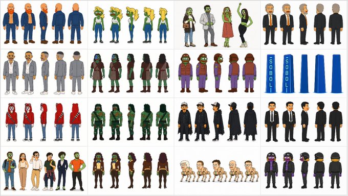A character sprite sheet displays multiple rows of pixel-art figures in various outfits (blue suits, red hoodies, green jumpsuits, business attire) showing different angles and poses for game development reference.