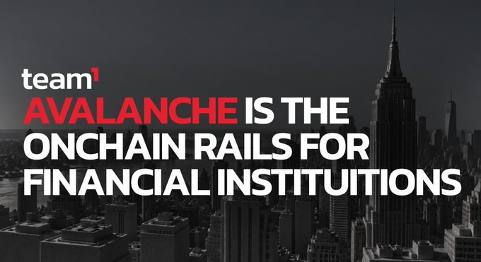 A promotional banner for team¹ reading 'AVALANCHE IS THE ONCHAIN RAILS FOR FINANCIAL INSTITUTIONS' set against a dark New York City skyline.