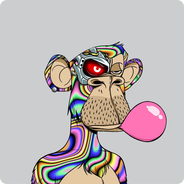 A digital illustration of a monkey with rainbow-colored fur, a cybernetic eye glowing red, and blowing a pink bubblegum bubble.