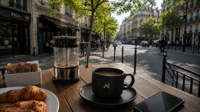 A French press coffee and a black mug with a logo sit on a wooden café table alongside croissants, with a tree-lined Parisian street and 'PAUL' bakery visible in the background.