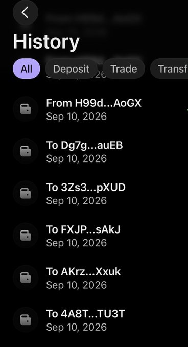 A mobile app screenshot showing a "History" page with tabs for "All," "Deposit," "Trade," and "Transfer," displaying six transactions dated Sep 10, 2026, all involving transfers to or from truncated wallet addresses (e.g., H99d...AoGX, Dg7g...auEB, 3Zs3...pXUD, FXJP...sAkJ, AKrz...Xxuk, 4A8T...TU3T), which visually supports the post's claim that an intern has already distributed rewards to recipients.