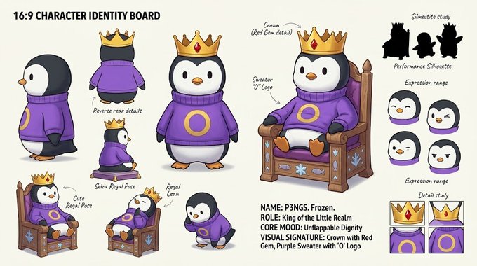 This character identity board showcases a cute penguin character named "P3NGS. Frozen," featuring various poses, expression ranges, and design details like its gold crown and purple sweater with an "O" logo. The image serves as a visual showcase for the "@P3NGSNFT" project mentioned in the post.