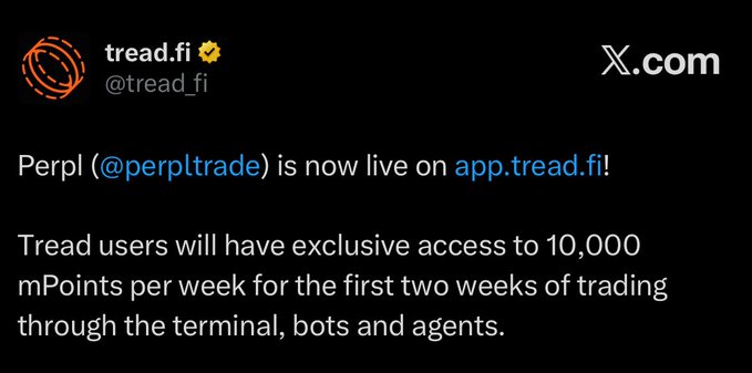 A tweet from tread.fi (@tread_fi) announcing that Perpl (@perpltrade) is now live on app.tread.fi, offering Tread users exclusive access to 10,000 mPoints per week for the first two weeks of trading.