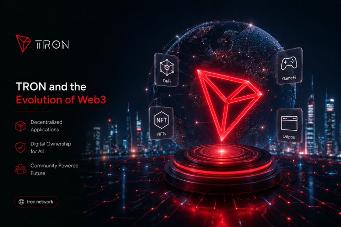 Promotional graphic for 'TRON and the Evolution of Web3' highlighting Decentralized Applications, Digital Ownership for All, and Community Powered Future, with tron.network URL.