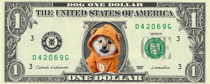 This image shows a one-dollar bill featuring a Shiba Inu dog in a hoodie superimposed over George Washington, echoing the "$DOG" ticker and the celebratory "MOON" text. The "D42069G" serial number and "Satoshi Nakamoto" reference further tie into cryptocurrency culture.
