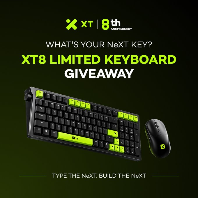 A promotional advertisement for an 'XT8 LIMITED KEYBOARD GIVEAWAY' celebrating XT's 8th Anniversary with the tagline 'TYPE THE NeXT. BUILD THE NeXT.'