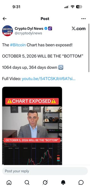 The image shows a Crypto Dyl News X post claiming "The #Bitcoin Chart has been exposed!" predicting October 5, 2026 as the "BOTTOM" with a video thumbnail displaying "⚠️CHART EXPOSED⚠️" and "OCTOBER 5, 2026 WILL BE THE 'BOTTOM'" over a Bitcoin price chart. The post ties in with the caption's theme of bearish Bitcoin predictions, suggesting shared skepticism between Bitcoin and XRP communities about an upcoming market bottom.