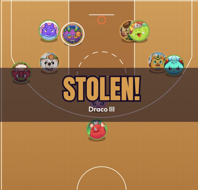 A screenshot from a mobile basketball game shows various animal characters on a court with the text 'STOLEN!' displayed prominently and 'Draco III' labeled below it.