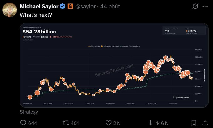 A tweet from Michael Saylor (@saylor) asking 'What's next?' with a StrategyTracker chart showing MicroStrategy's Bitcoin holdings valued at $54.28 billion, with 643,775 BTC at an average price of $73,653, showing a -14.06% return.