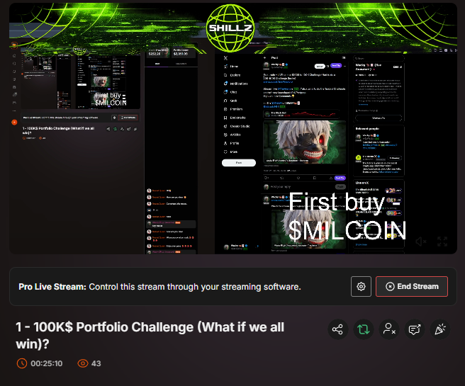 A screenshot of a live streaming platform called 'SHILLZ' shows a stream titled '1 - 100K$ Portfolio Challenge (What if we all win)?' with a timer at 00:25:10 and 43 viewers, displaying content related to 'SMILCOIN'.