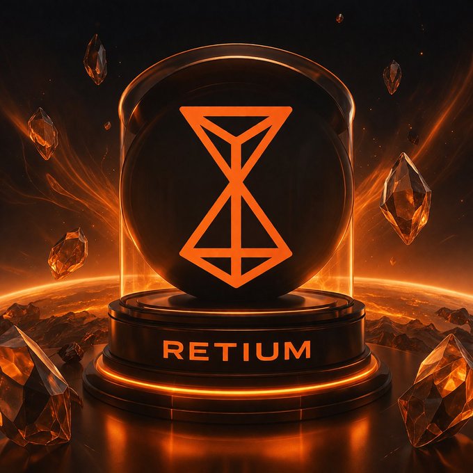 A 3D rendered trophy graphic featuring a black sphere with an orange hourglass symbol displayed in a glass case on a pedestal labeled 'RETIUM', surrounded by floating orange crystals.