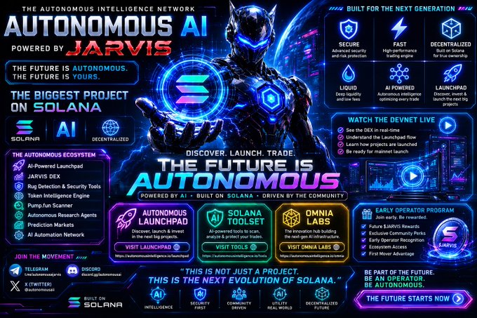 The image features a poster for an Autonomous AI project called "THE NEXT EVOLUTION OF SOLANA IS COMING". The poster highlights that this project is powered by a developer named JARVIS who has created Solana, an AI-powered blockchain platform. The poster also mentions the launch of the future version of Solana and how it will be built for the next generation.