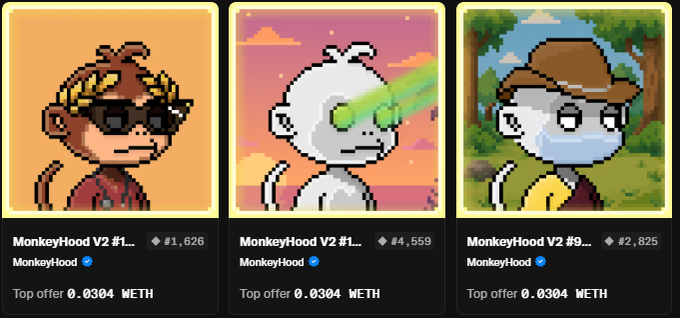 Three NFT cards from the 'MonkeyHood V2' collection displayed side by side, featuring pixel-art characters (a person with sunglasses, a character with green laser eyes, and a figure with a brown cap), each showing top offers of 0.0304 ETH.