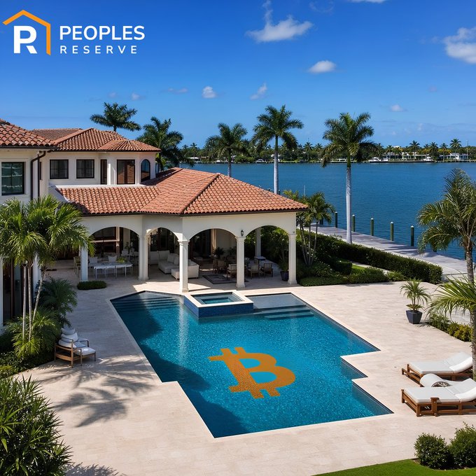 A luxurious waterfront estate featuring a Bitcoin logo tiled at the bottom of a large swimming pool, with "PEOPLES RESERVE" branded in the top left corner. The image visually reinforces the Bitcoin Mortgage Reserve (BMR) concept by pairing the luxury asset (home) with Bitcoin's symbolic presence, illustrating how even a modest 5% CAGR could offset mortgage costs.