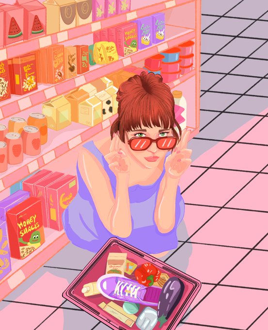 An illustrated image shows a red-haired woman in red sunglasses and a purple top giving peace signs in a pink-toned supermarket aisle, sitting next to a shopping basket filled with items.