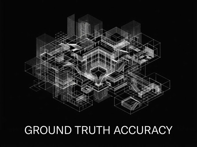 A wireframe 3D architectural rendering on a black background with the text 'GROUND TRUTH ACCURACY' at the bottom.